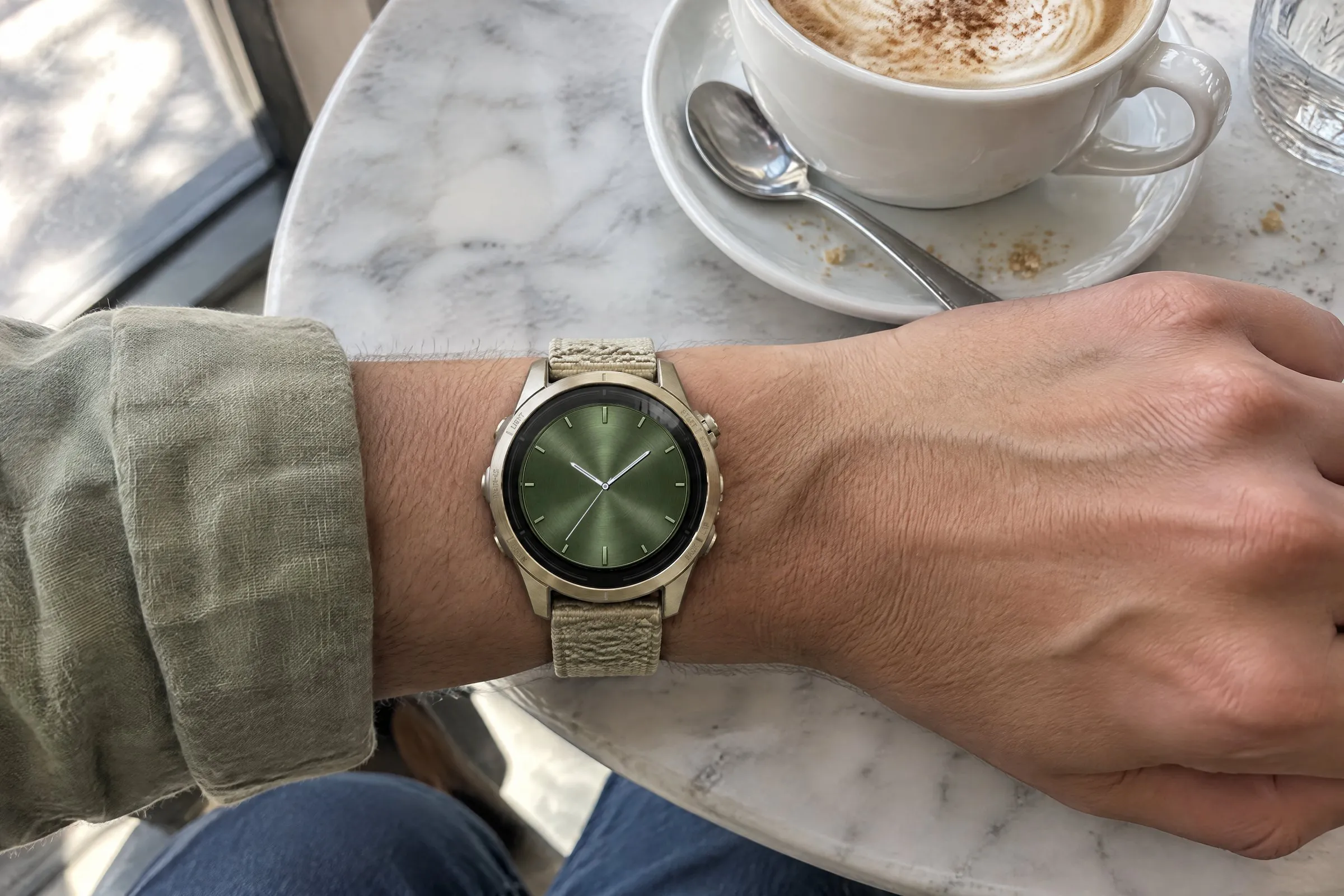 Analog Garmin watch face Classic Five in green on a gold epix Pro on the wrist in a café