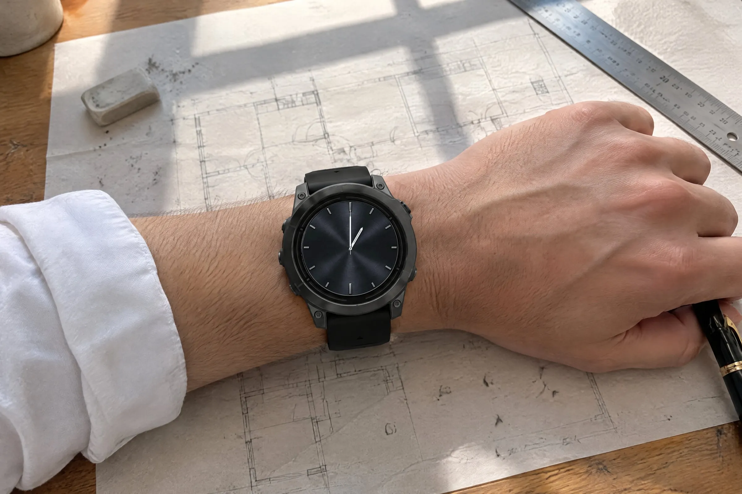 Analog Garmin watch face Classic Five in anthracite on an epix Pro at a drafting desk