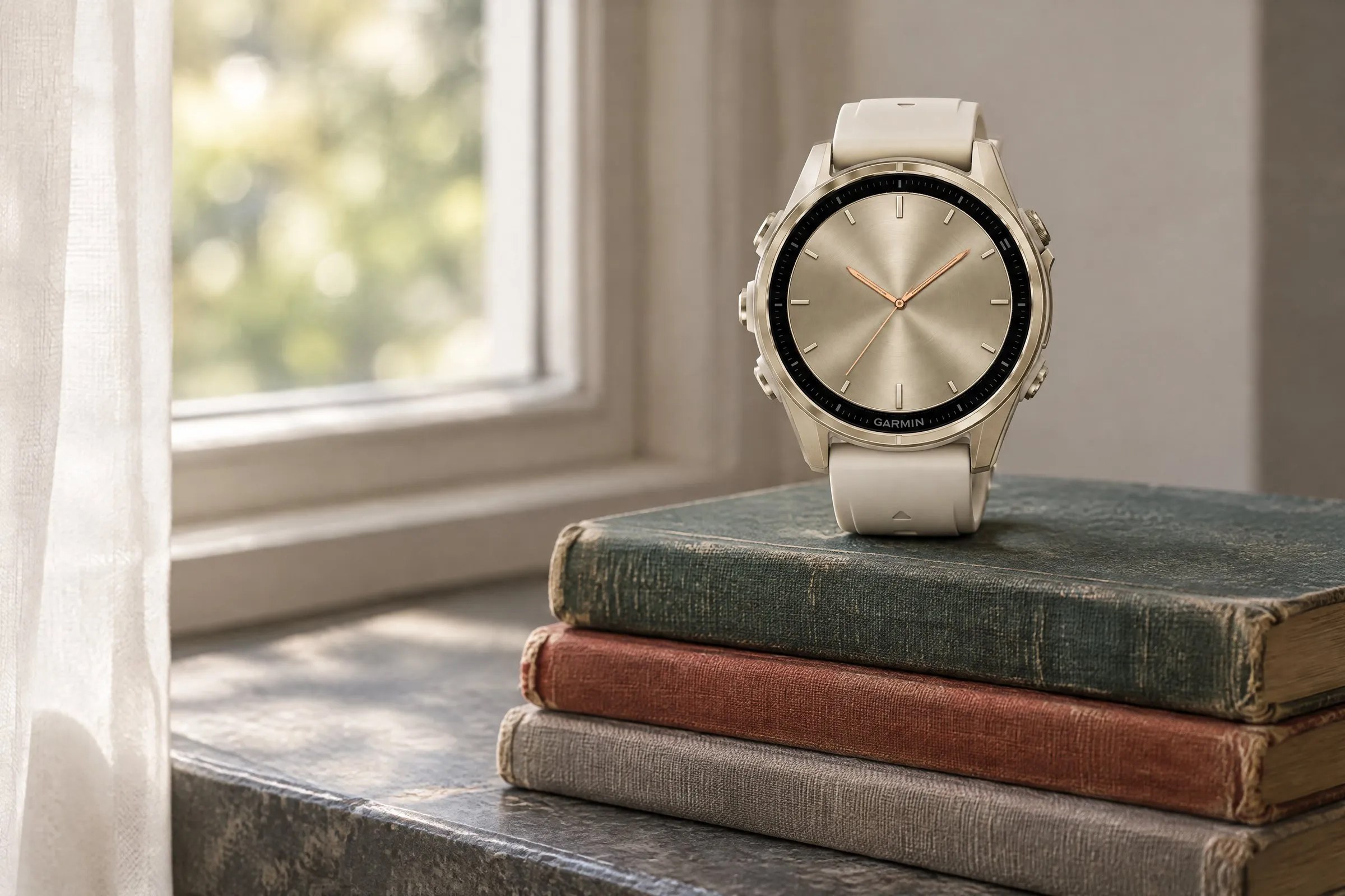 Analog Garmin watch face Classic Five in cream on a gold fēnix 8 on old books by a window