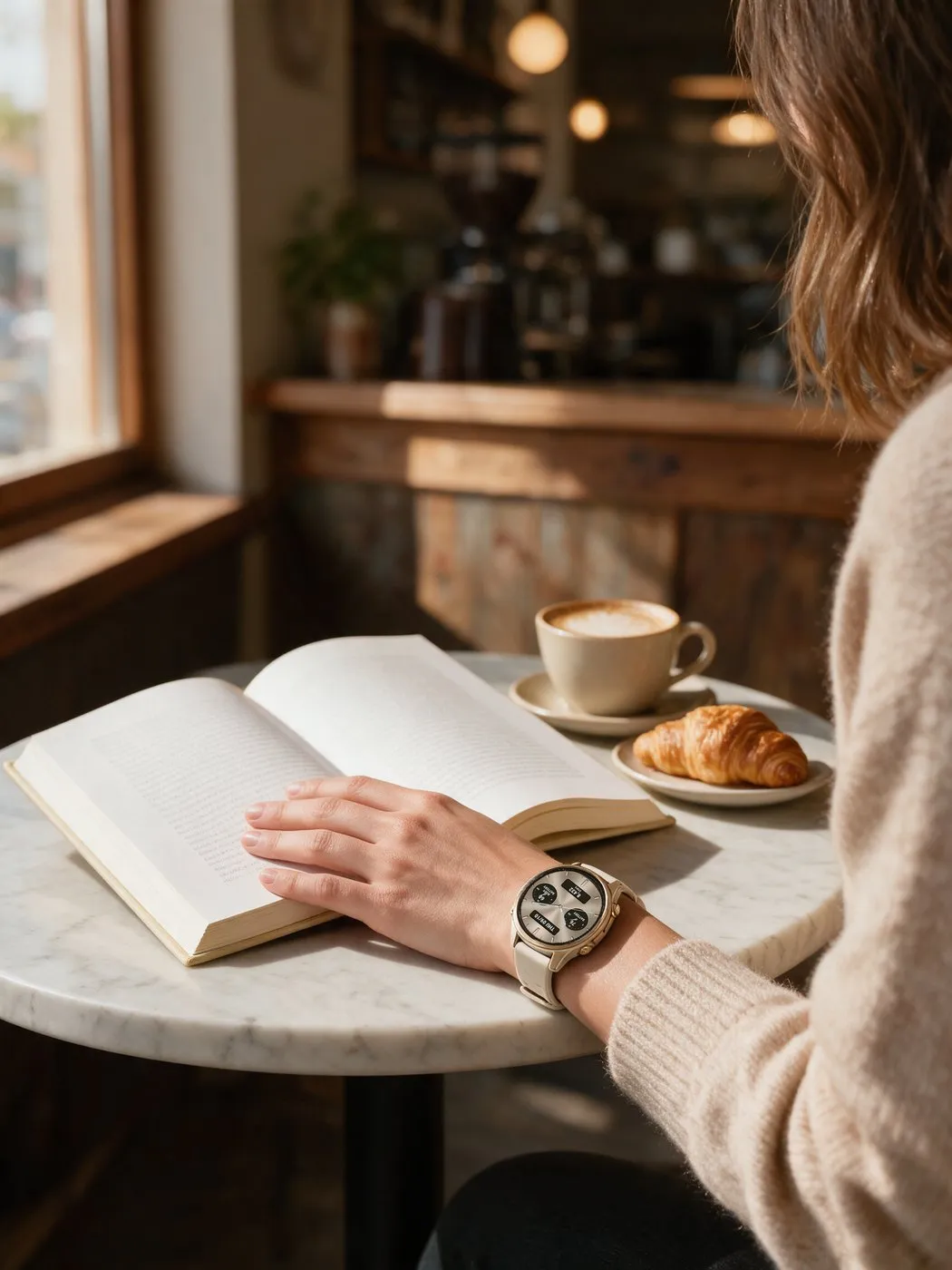 Analog Garmin watch face Classic Five in cream on a gold fēnix 8 in a café with a book and a cappuccino