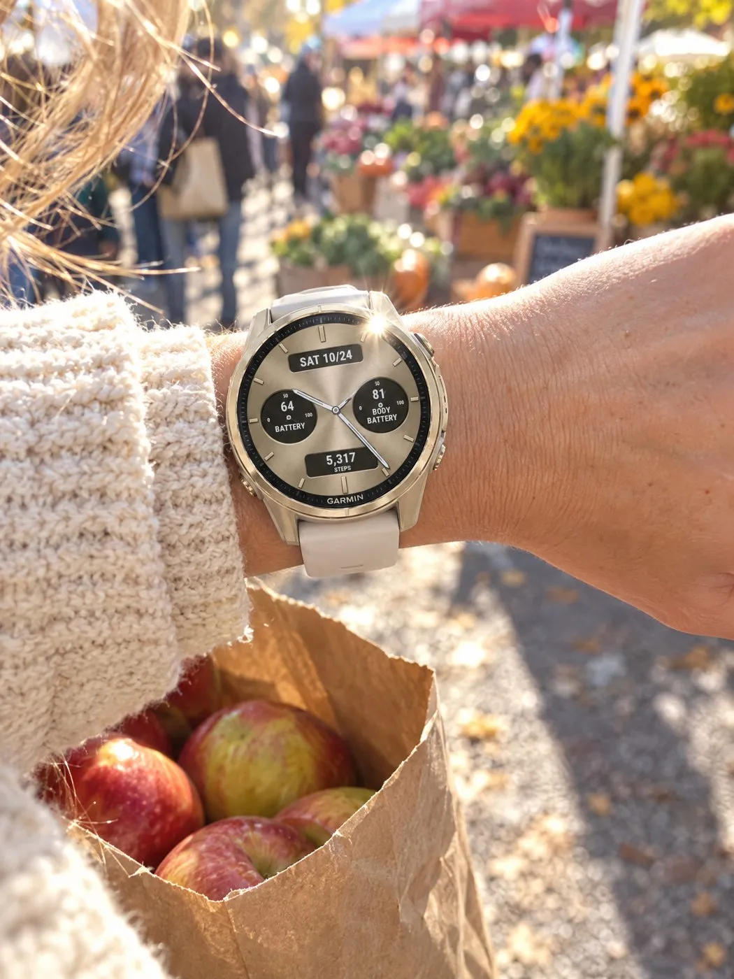Analog Garmin watch face Classic Five in cream on a fēnix 8 at a farmers market