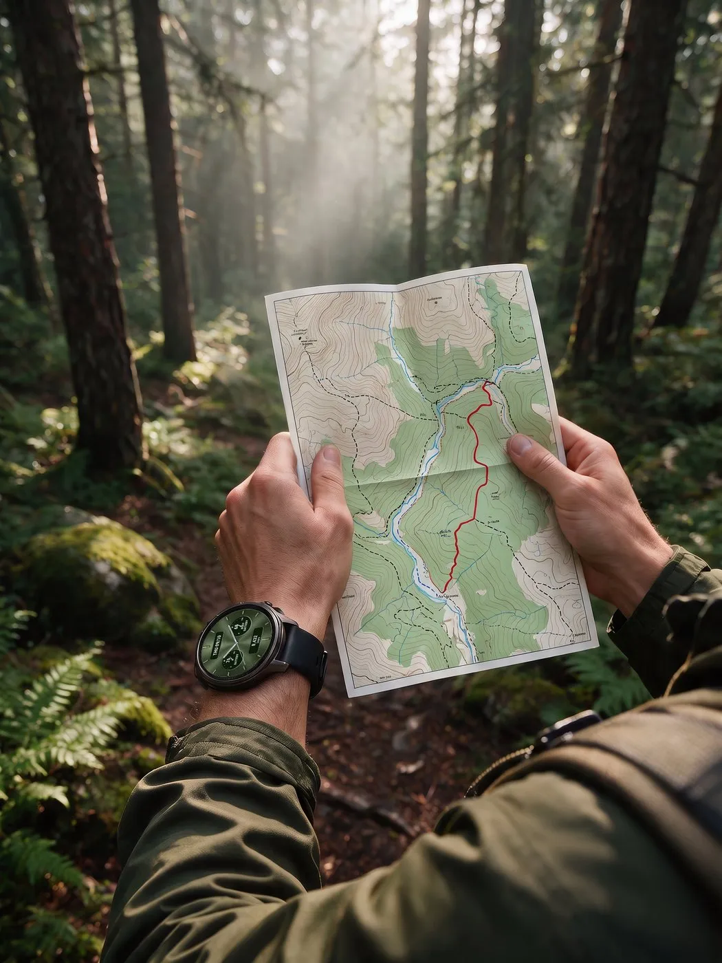 Analog Garmin watch face Classic Five in green on a fēnix 8 with a hiking map in the forest