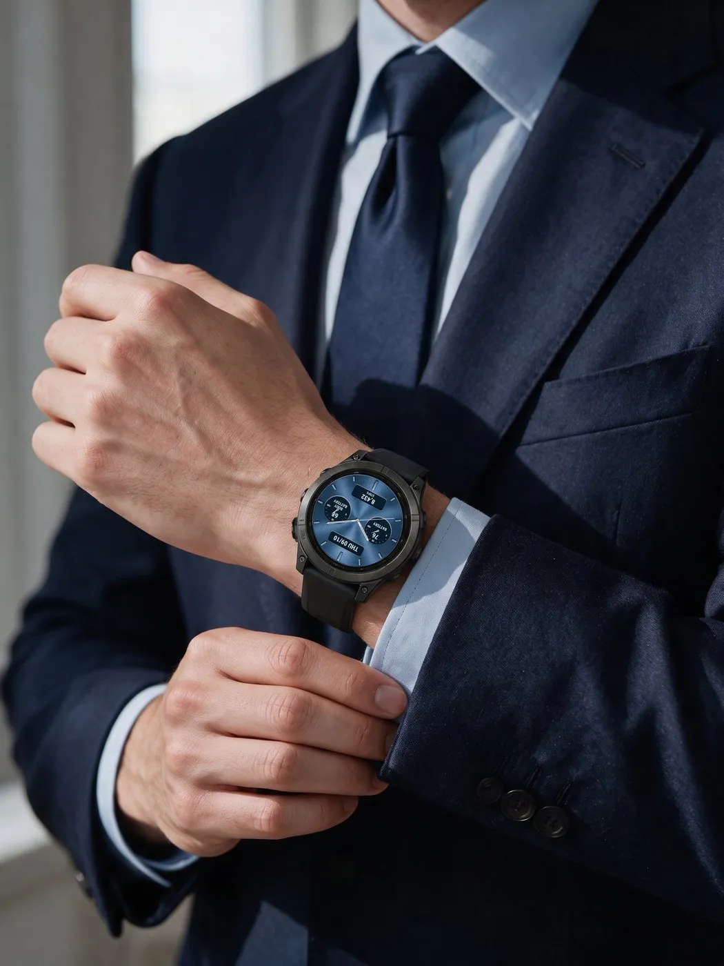 Classic Five Garmin watch face in blue on a fēnix E at the shirt cuff of a suit