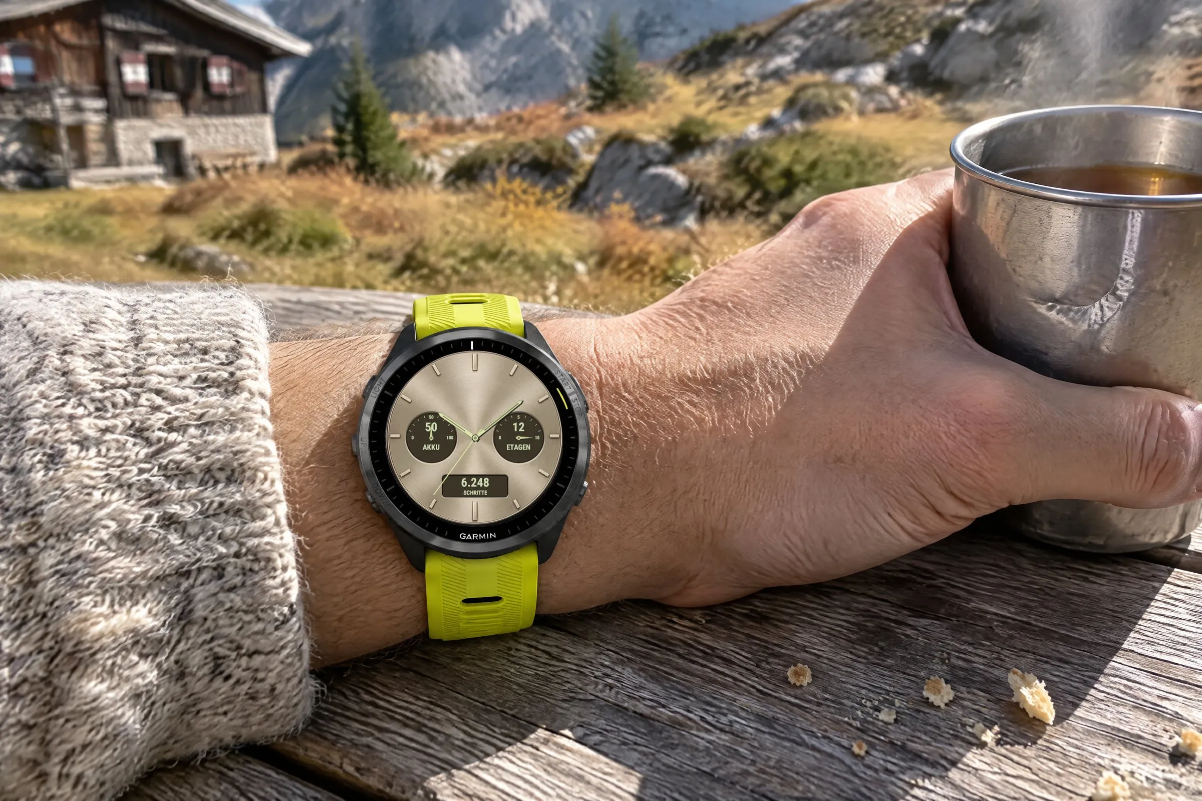 Garmin Forerunner 965 mit analogem Watch Face Classic Five in Creme mit Akku, Etagen und Schritten an der Berghütte