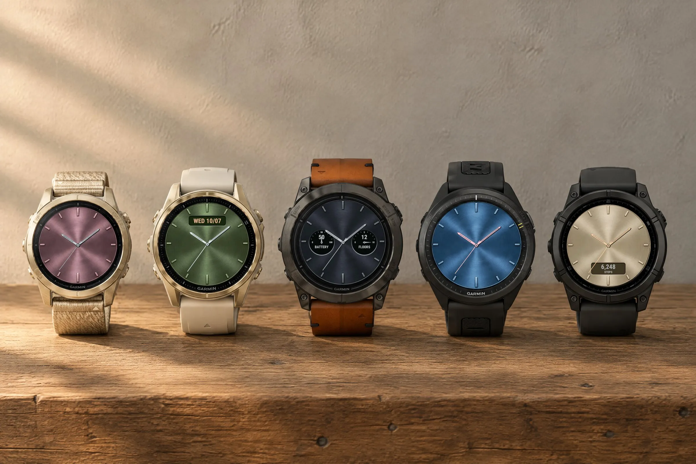 Classic Garmin watch face Classic Five with five dials and different data fields on five Garmin watches on an oak bench: epix Pro, fēnix 8, Forerunner 970 and fēnix E