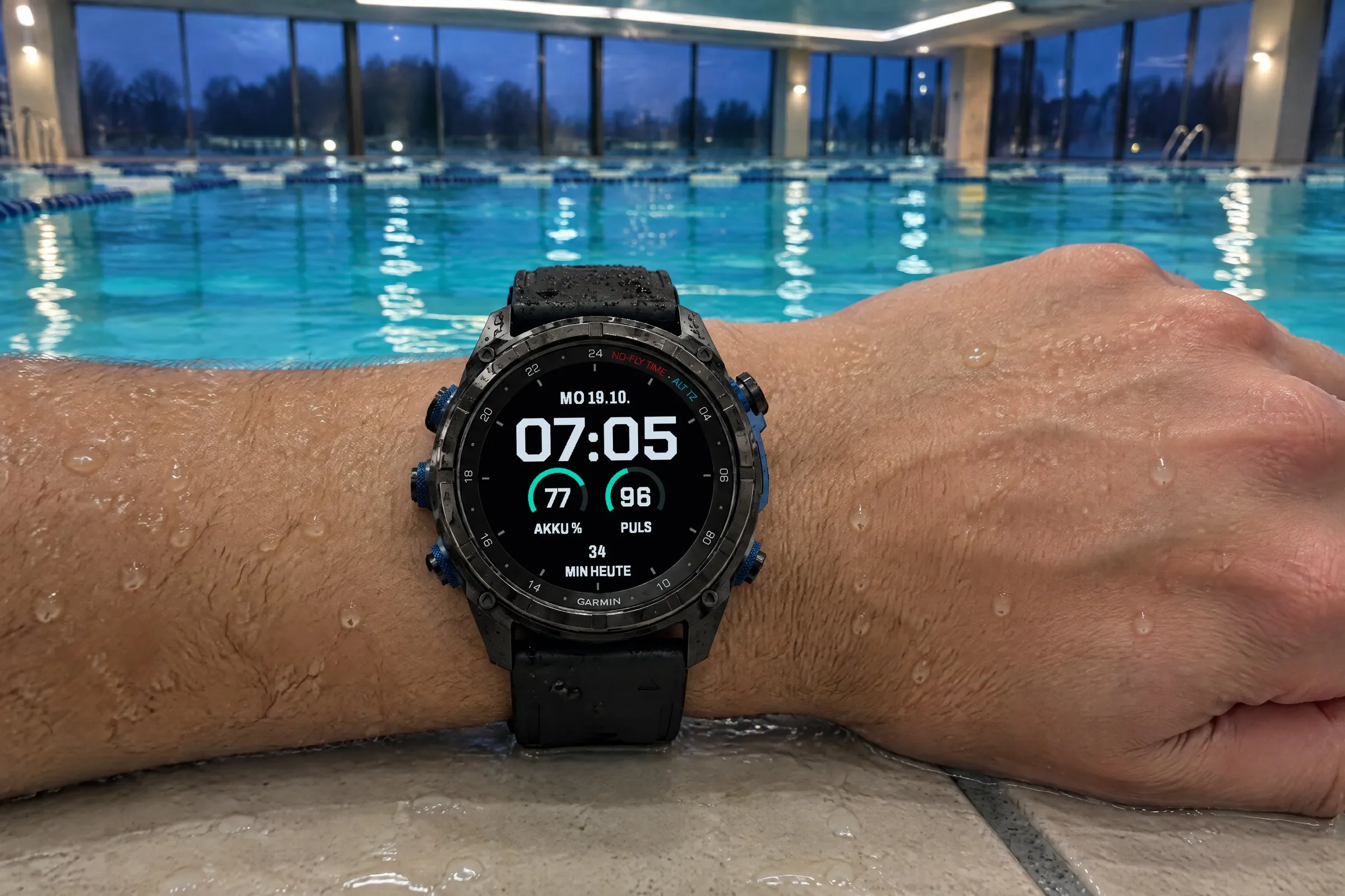 Garmin Descent Mk3i mit dem Big Digital Watch Face Fieldline in Eisgrau / Türkis am Beckenrand im Hallenbad