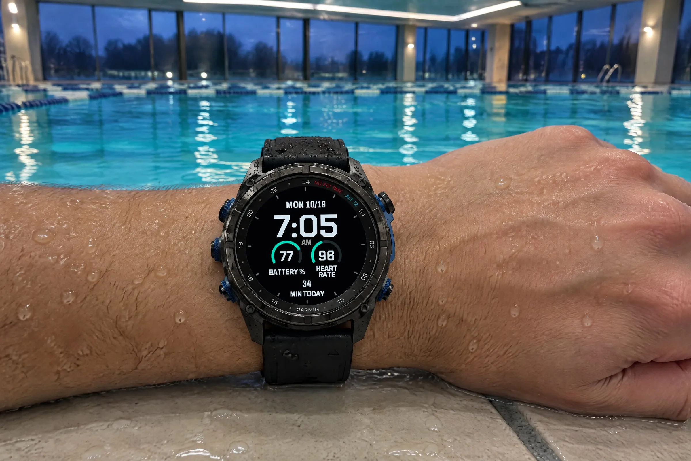 Garmin Descent Mk3i with the big digital Fieldline watch face in Ice gray / Turquoise at the edge of an indoor pool