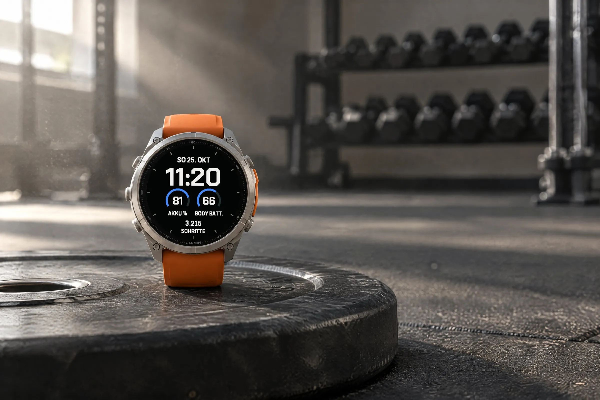Garmin fēnix 9 Pro mit dem Big Digital Garmin Watch Face Fieldline Free in Blau auf einer Hantelscheibe im Kraftraum