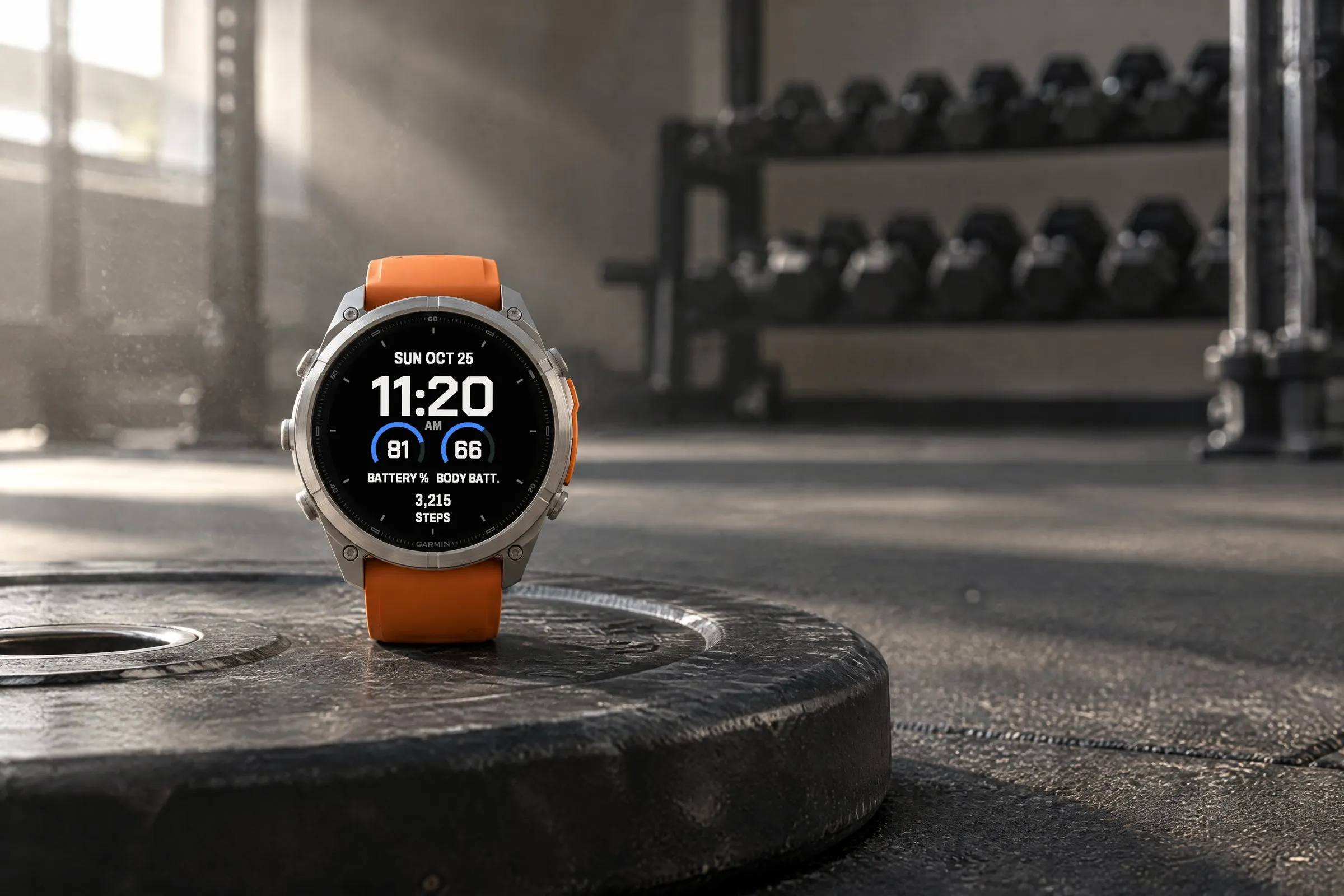 Garmin fēnix 9 Pro with the big digital Garmin watch face Fieldline Free in blue on a weight plate in a gym