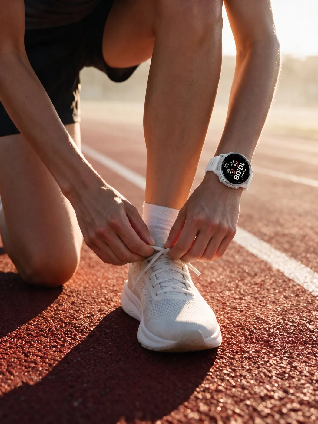 Big digital Garmin watch face Fieldline in red on a white Forerunner 570, tying a shoe on the running track