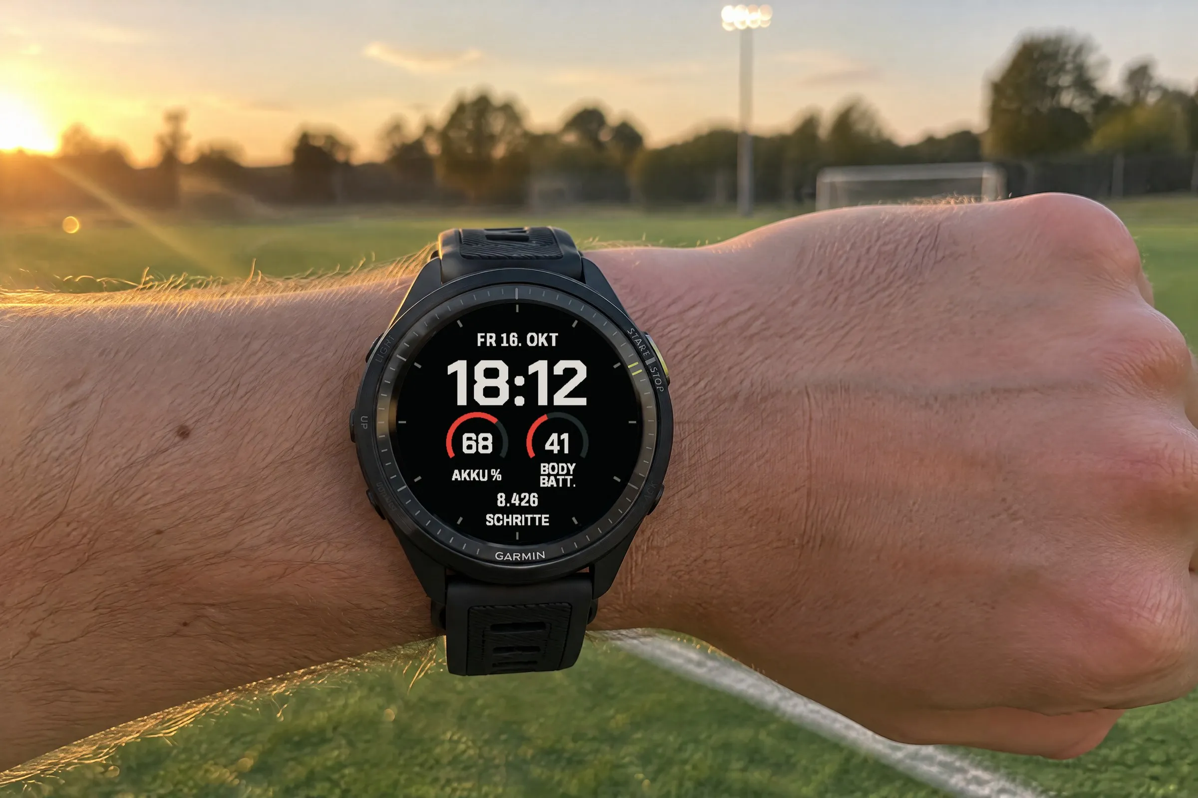 Big Digital Garmin Watch Face Fieldline auf einer Forerunner 570 am Handgelenk auf dem Sportplatz, Free in Rot mit der Belegung Alltag