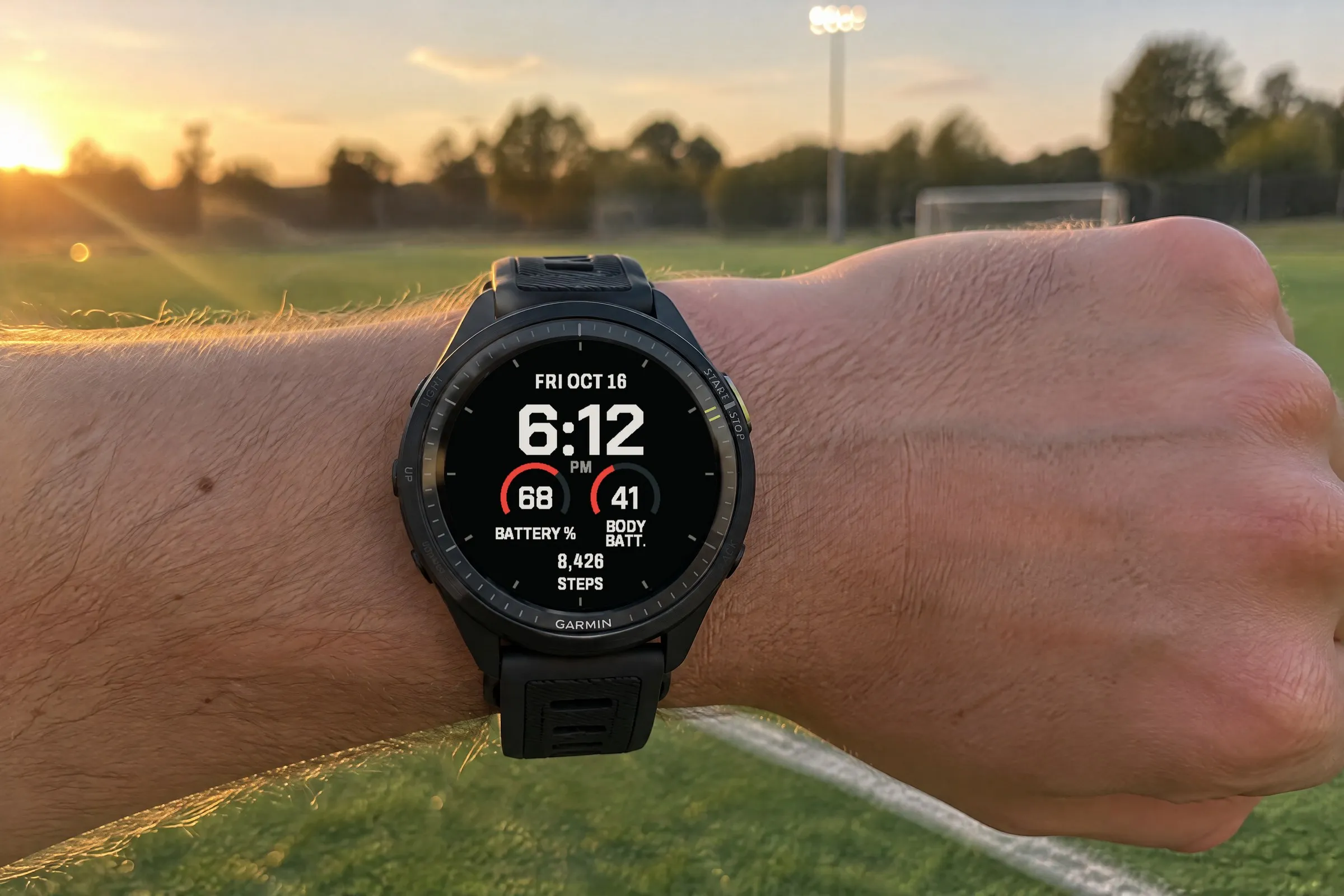 Big digital Garmin watch face Fieldline on a Forerunner 570 on the wrist at a sports field, Free in red with the Everyday layout