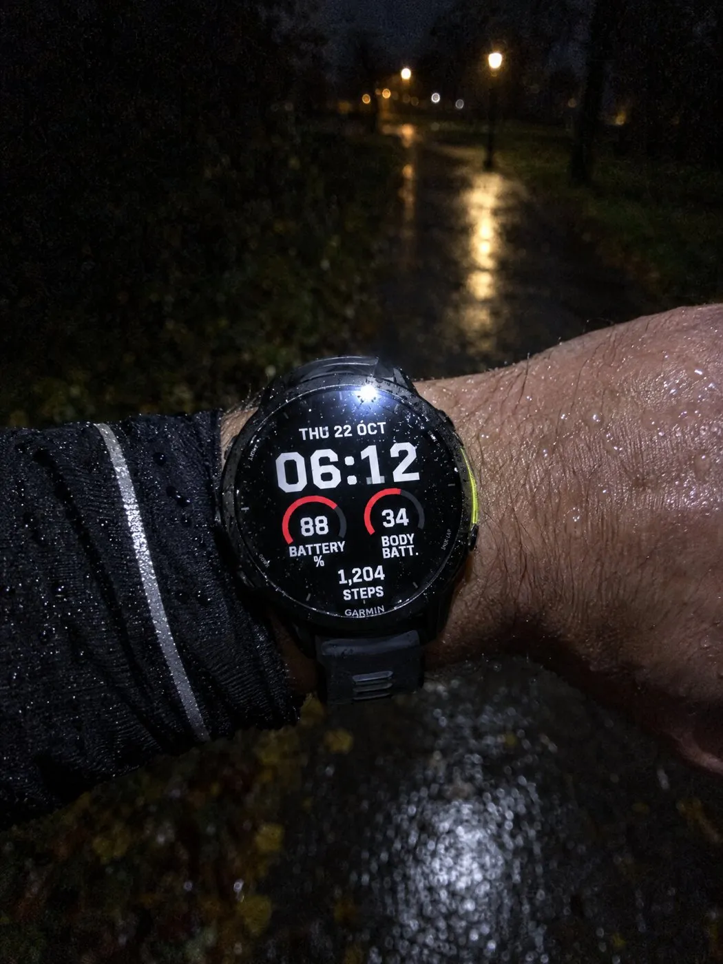 Fieldline Garmin watch face on a Forerunner 970 on a pre-dawn run with a headlamp