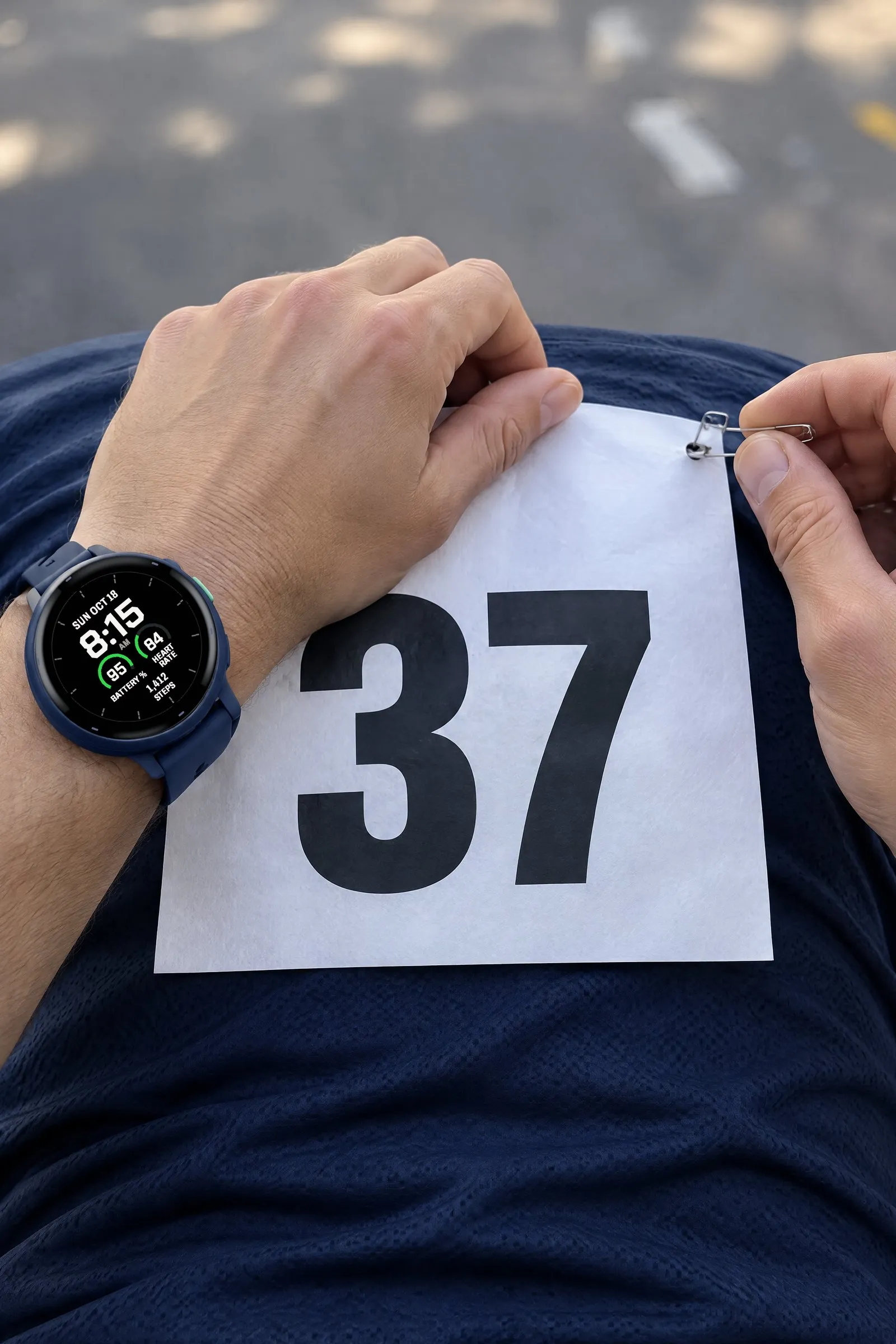 Garmin vívoactive 6 with Fieldline Free in green and the Active layout while pinning on a race bib