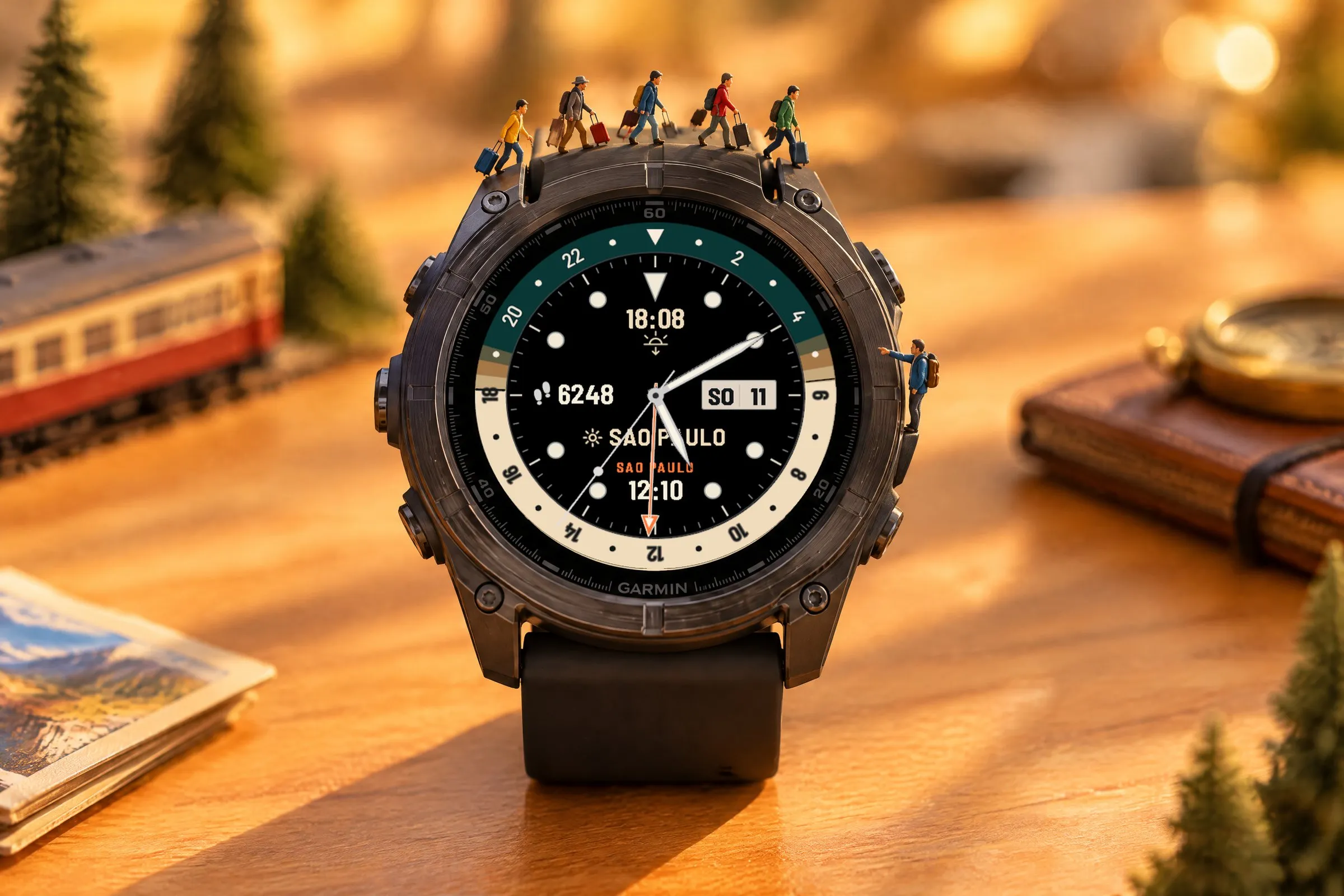 Garmin fēnix 8 mit dem GMT Garmin Watch Face Horizon GMT in Düne, Miniaturfiguren mit Koffern auf der Lünette, Zweitzeit São Paulo