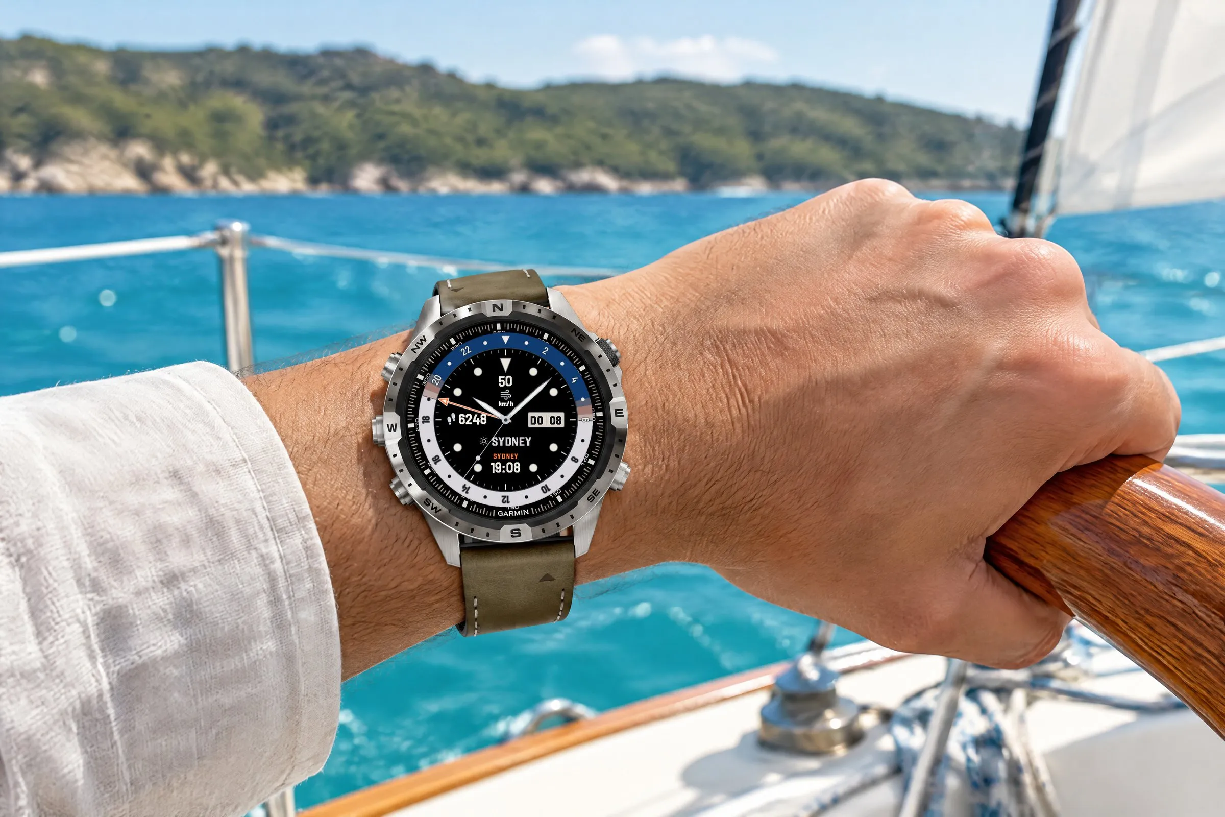 Analoges GMT Garmin Watch Face Horizon GMT in Türkis-See auf einer MARQ beim Segeln