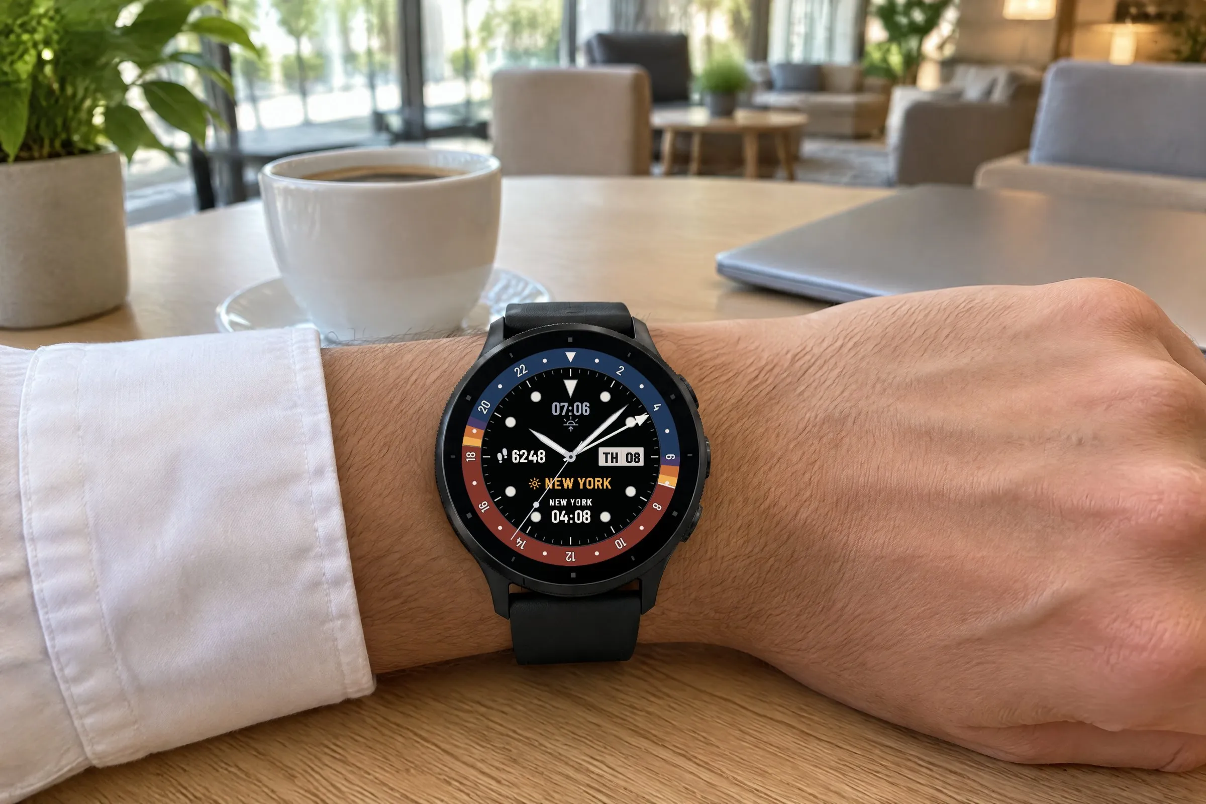 Horizon GMT Free Garmin watch face on a Venu 3 in a hotel lobby, second time zone New York