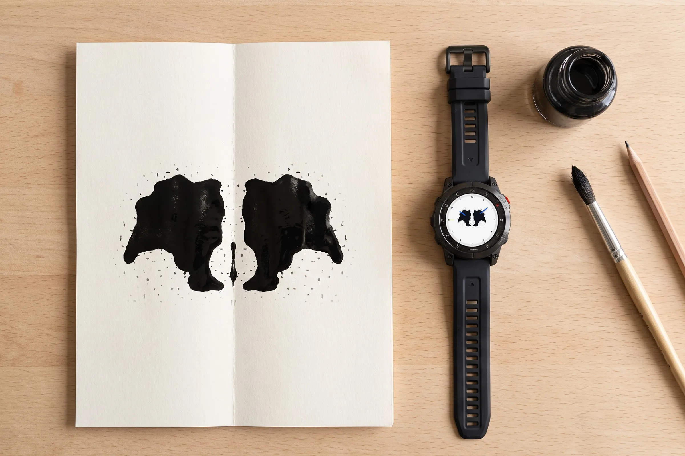 Garmin epix (Gen 2) mit dem analogen Watch Face Ulm neben einem gefalteten Blatt mit frischem Tintenklecks, Tusche, Pinsel und Bleistift
