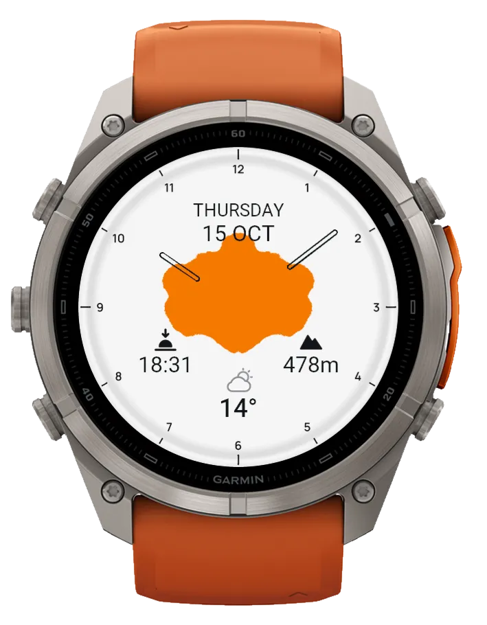 Ulm Garmin Watch Face – Orange, Vollton, hohle Zeiger