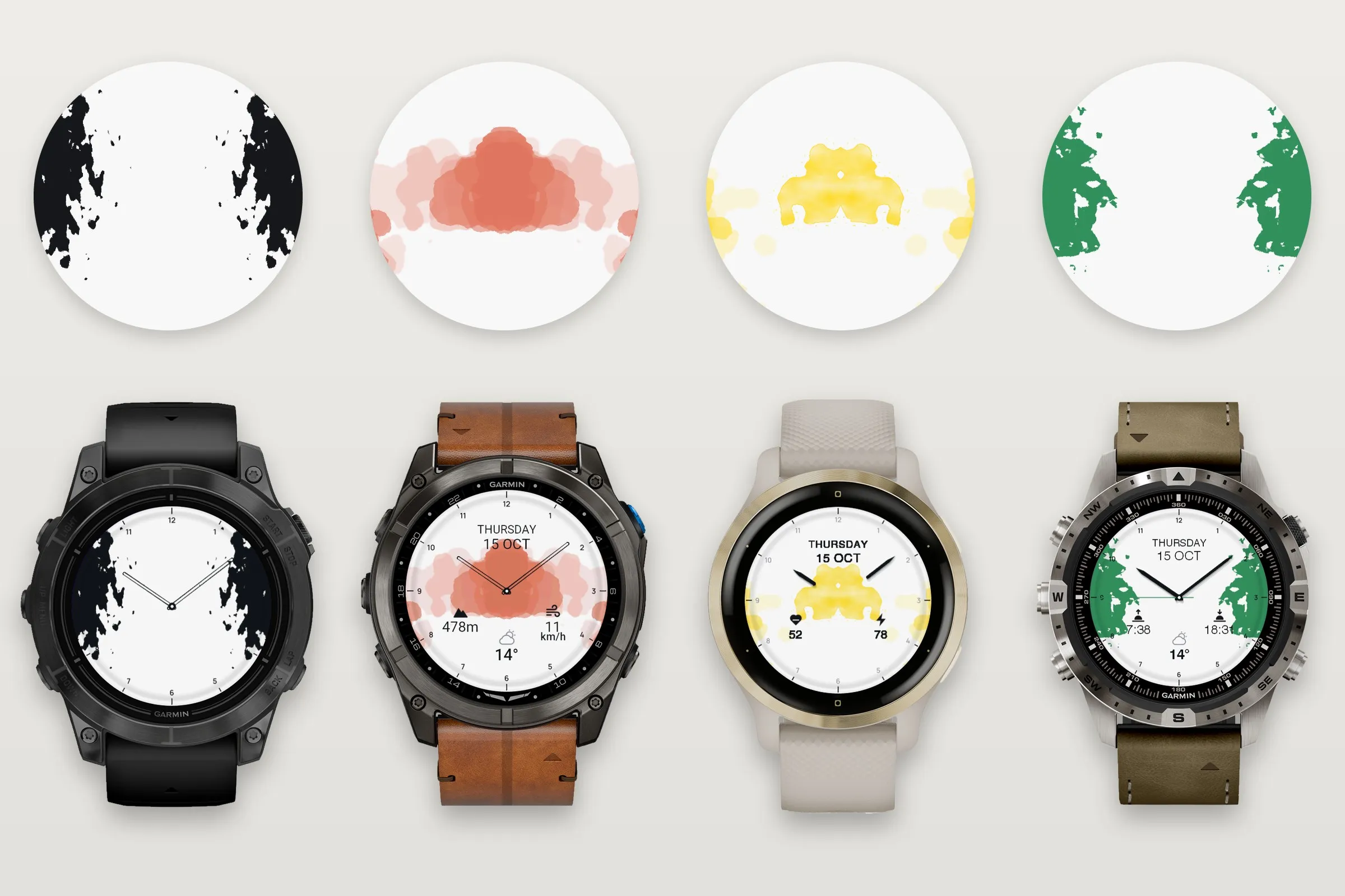 Vier Garmin-Uhren mit dem Garmin Watch Face Ulm unter ihren Tintenklecksen: epix Pro in Schwarz, D2 Mach 2 Pro in Rotorange, Venu 2S in Gelb und MARQ in Grün