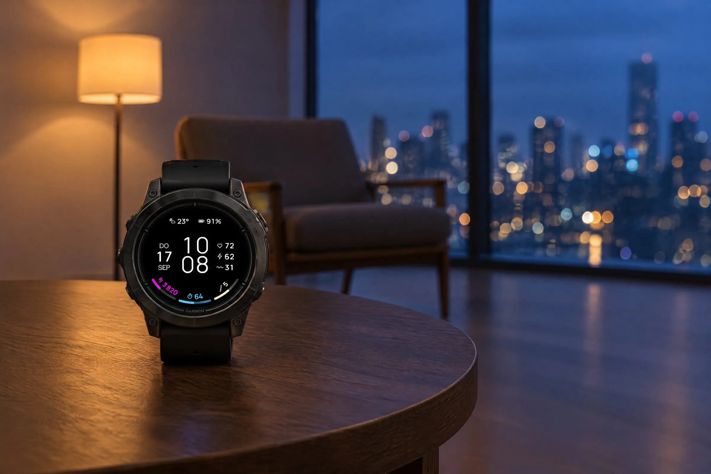 Minimal Garmin watch face ARCLINE in the Pro Night look on an epix Pro on a wooden table in the evening, city lights behind