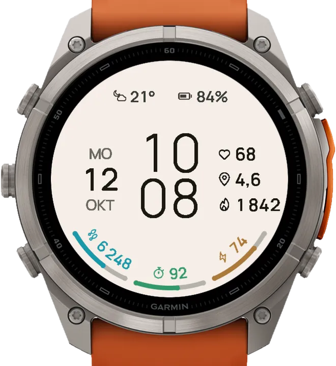 ARCLINE Garmin Watch Face – Drei Bögen: Schritte, Intensitätsminuten, Body Battery