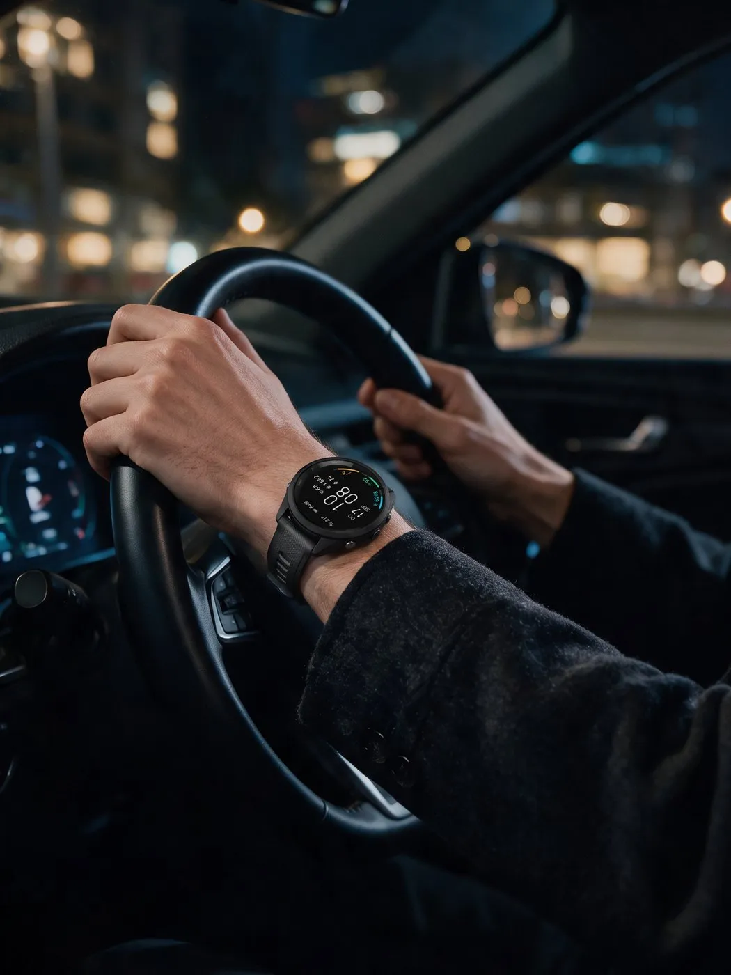ARCLINE Garmin watch face in dark mode on a Forerunner 265 on the steering wheel during a night drive