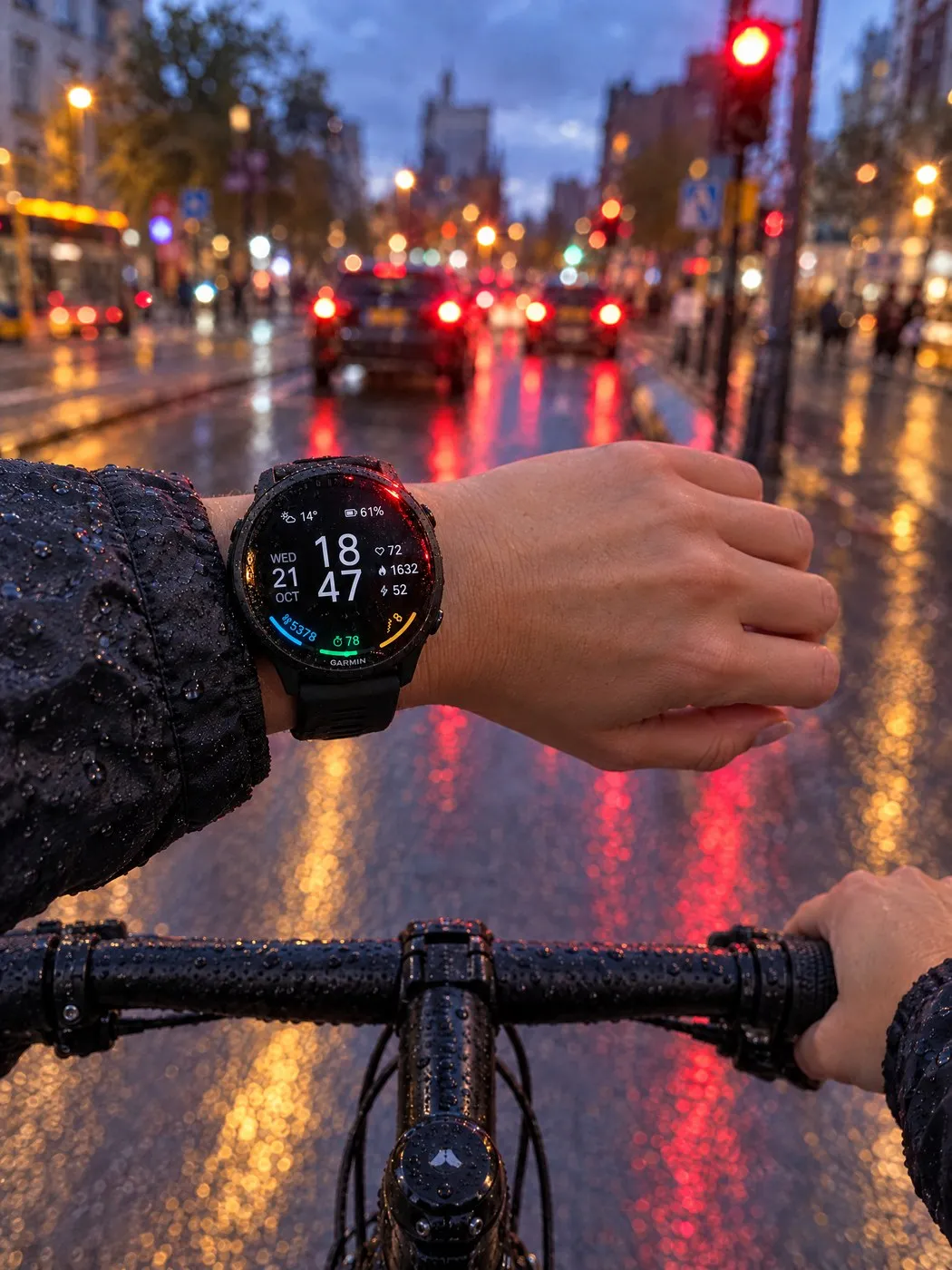 ARCLINE Garmin watch face in dark mode on a Forerunner 570 at a traffic light on a bike, evening rain