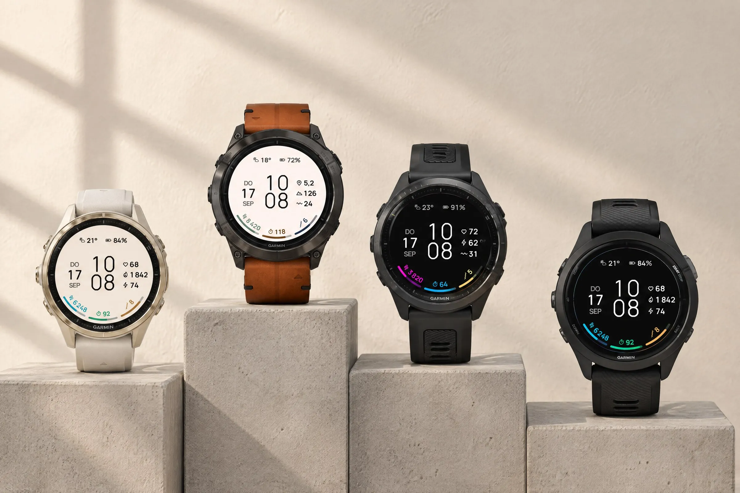 Minimal Garmin watch face ARCLINE on four Garmin watches on concrete steps: fēnix 8, epix Pro, Forerunner 970 and Forerunner 265 in four looks