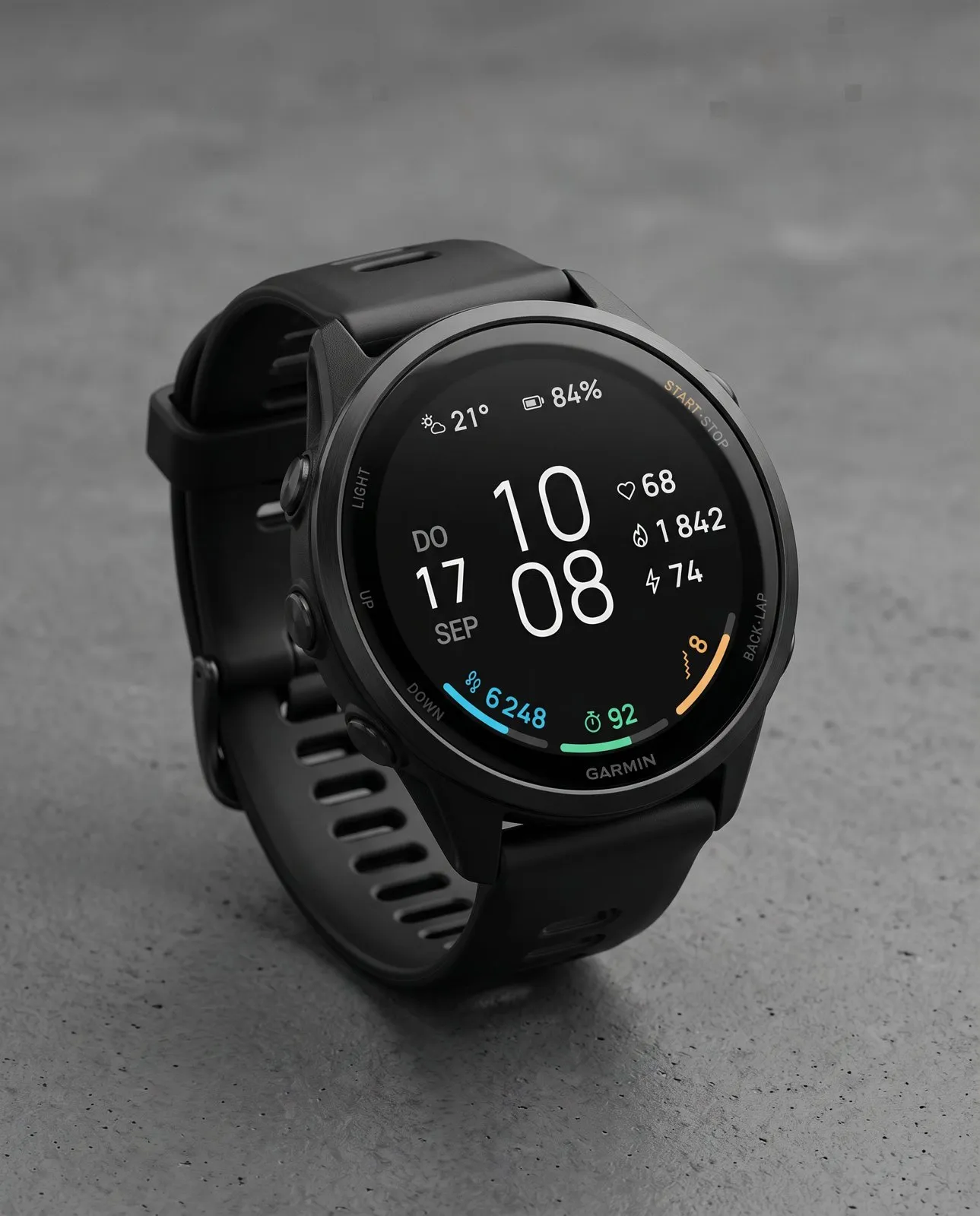 Garmin Forerunner 570 with the minimal ARCLINE watch face in dark mode on concrete