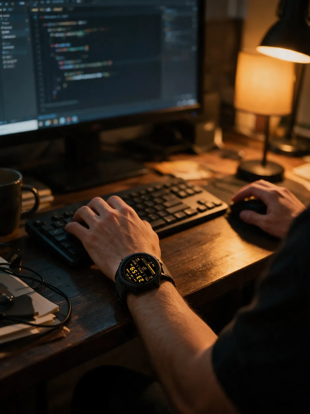 Retro Garmin watch face Terminal in amber on a Forerunner 265 at the desk in the evening
