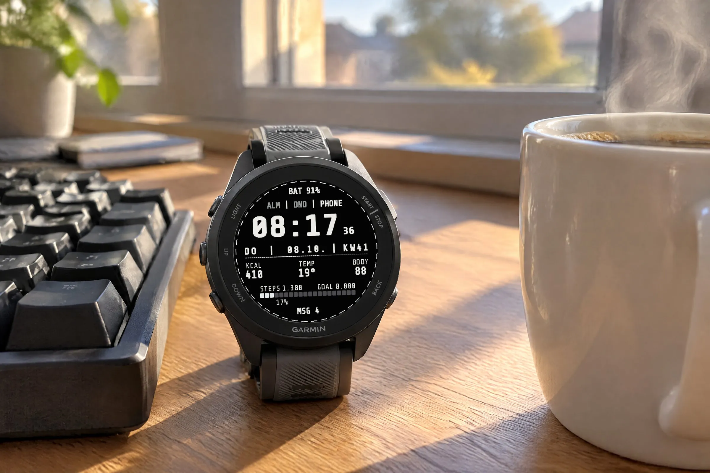 Garmin Forerunner 570 mit dem Terminal Watch Face in Papierweiß neben Tastatur und Kaffeebecher