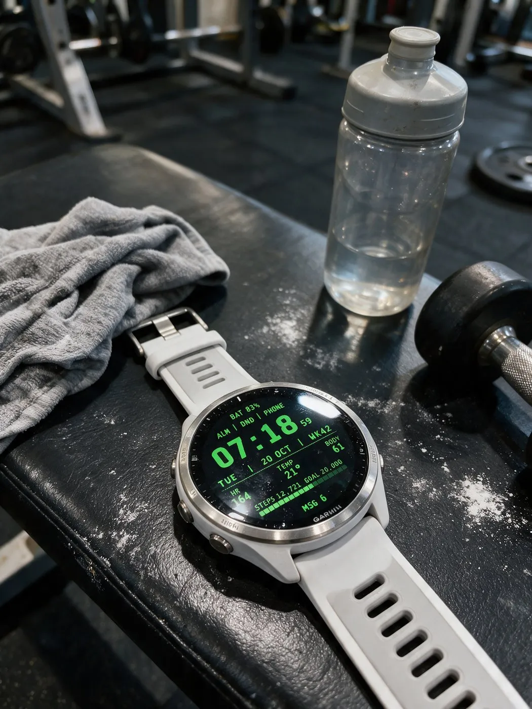 Retro Garmin watch face Terminal in green on a white Forerunner 965 resting on a weight bench at the gym