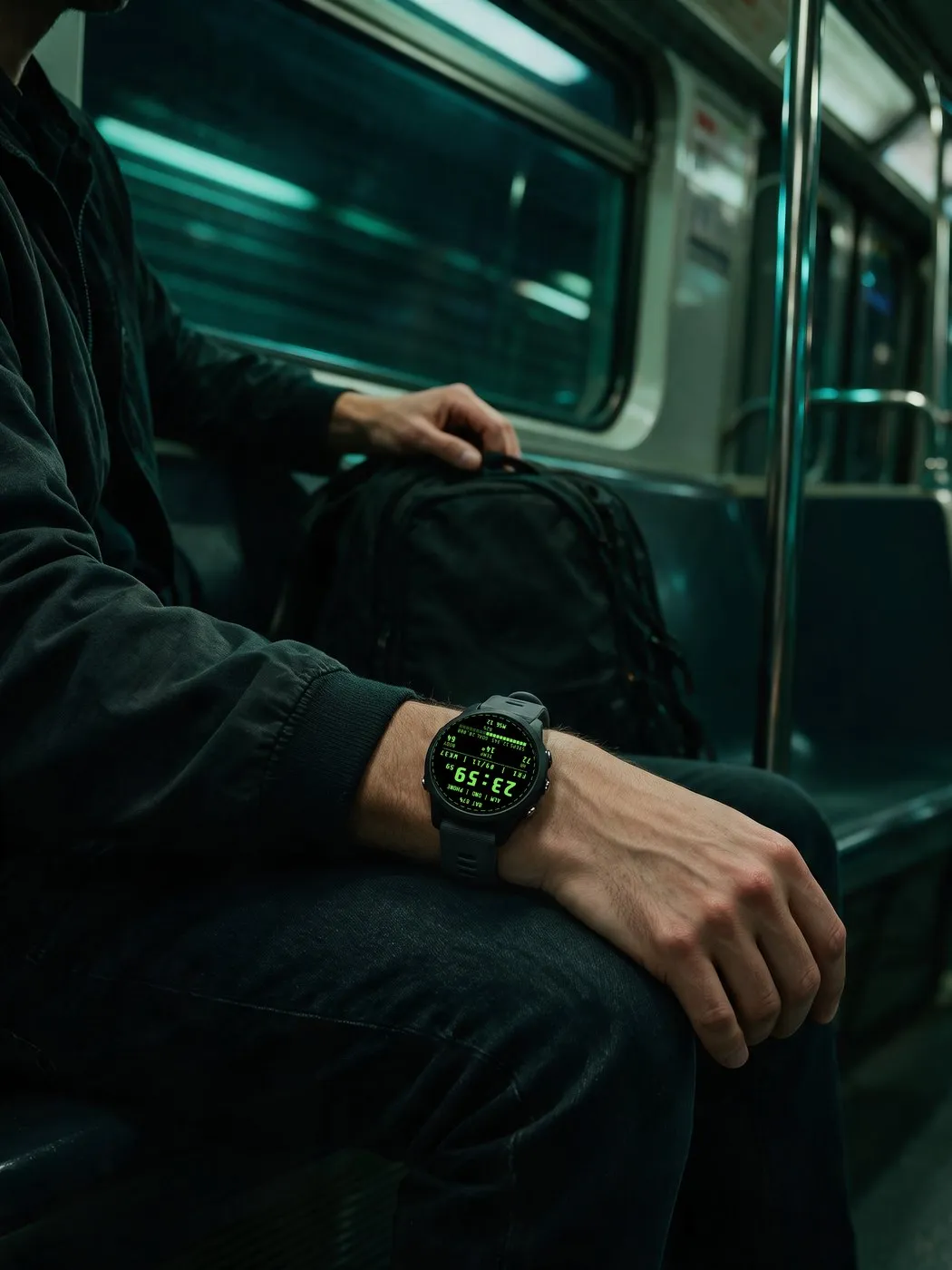 Retro Garmin watch face Terminal in green on a Forerunner 965 on the subway at night